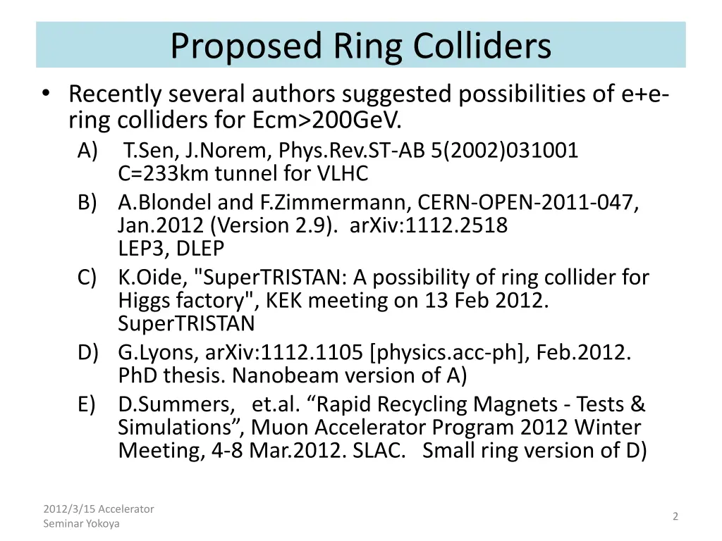 proposed ring colliders recently several authors