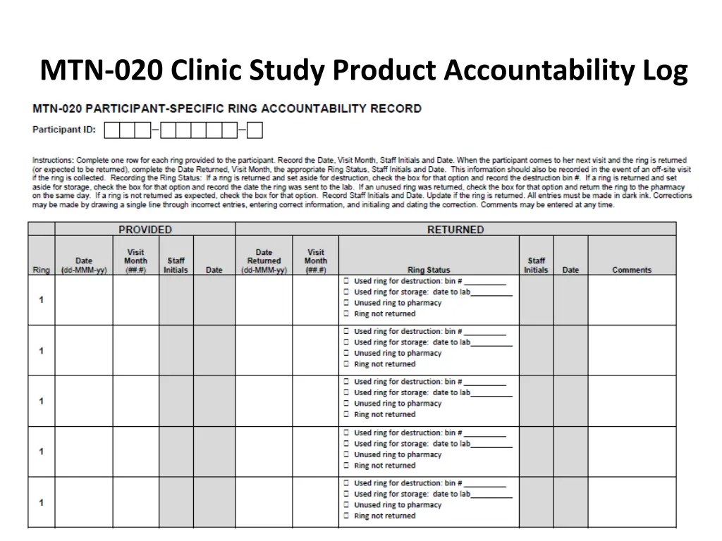 mtn 020 clinic study product accountability log