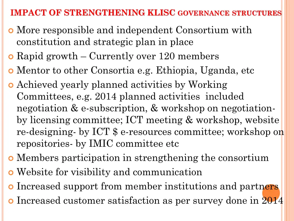 impact of strengthening klisc governance