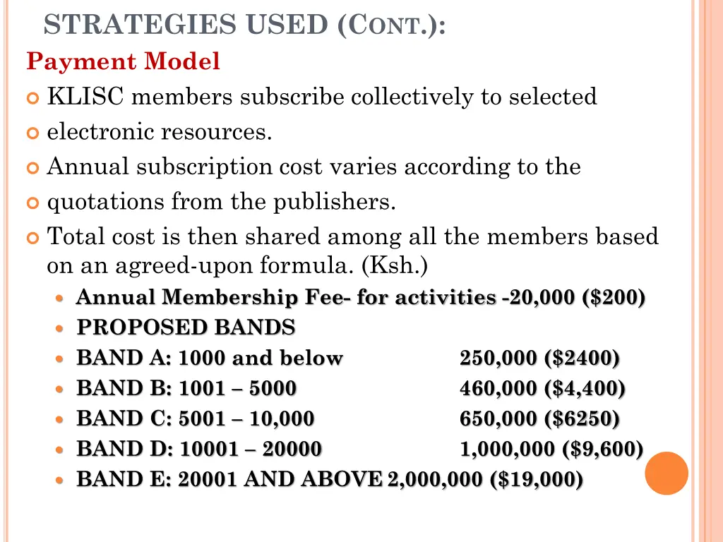 strategies used c ont payment model klisc members