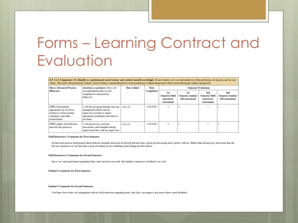 forms learning contract and evaluation