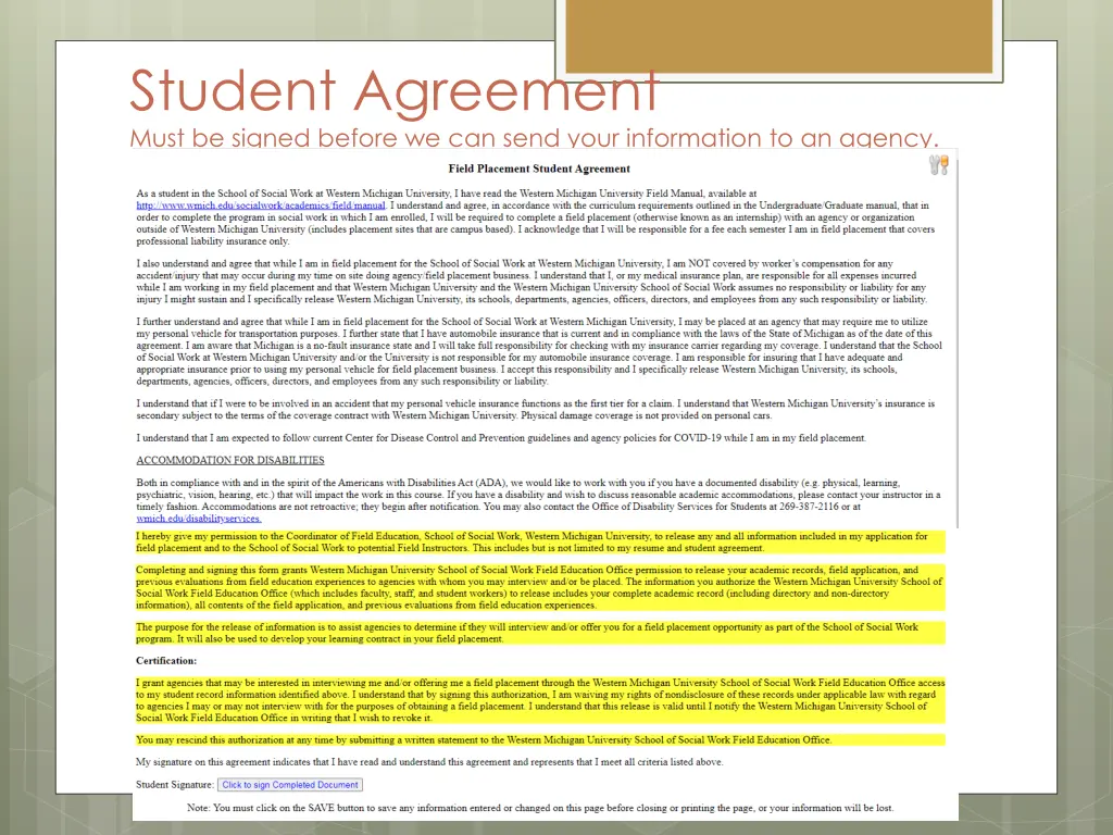 student agreement must be signed before