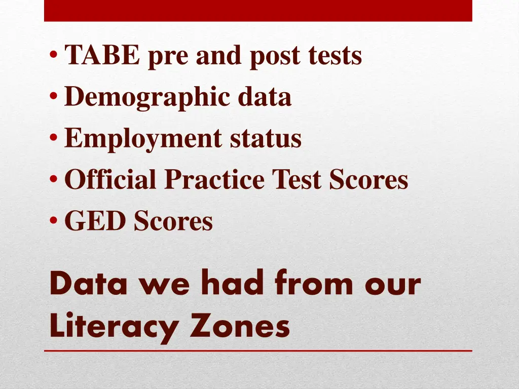 tabe pre and post tests demographic data