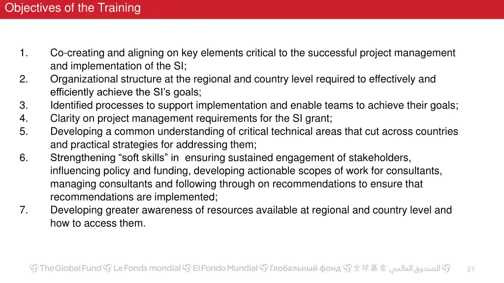 objectives of the training