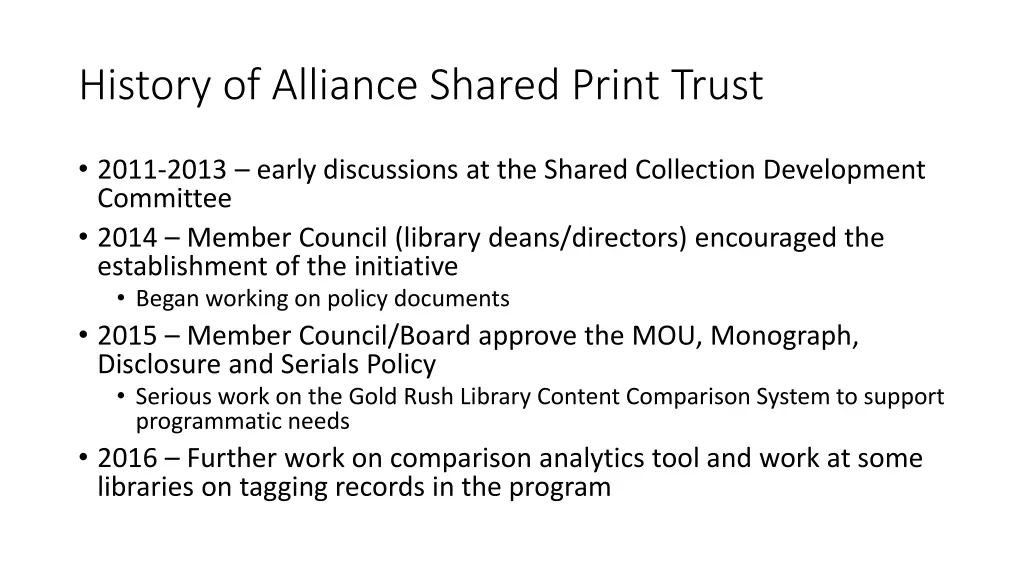 history of alliance shared print trust