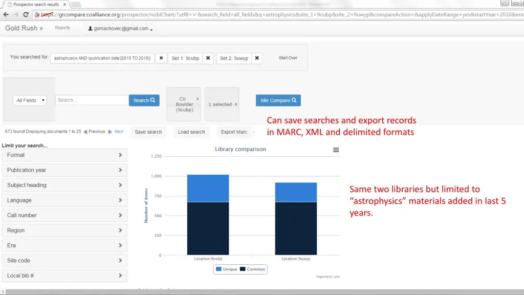 can save searches and export records in marc