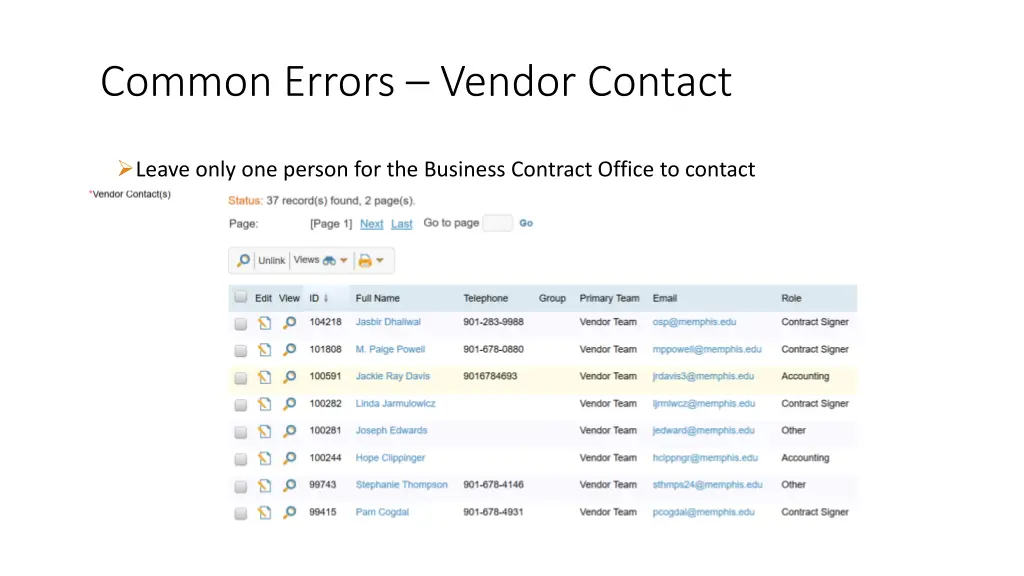 common errors vendor contact