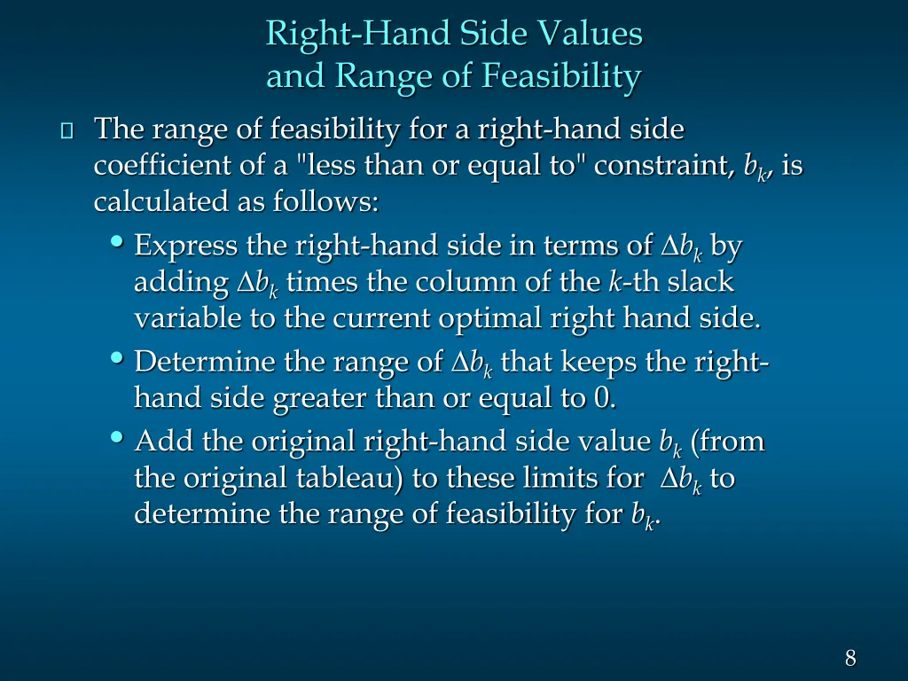 right hand side values and range of feasibility 1