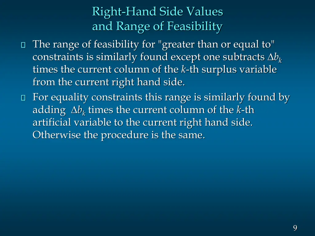 right hand side values and range of feasibility 2