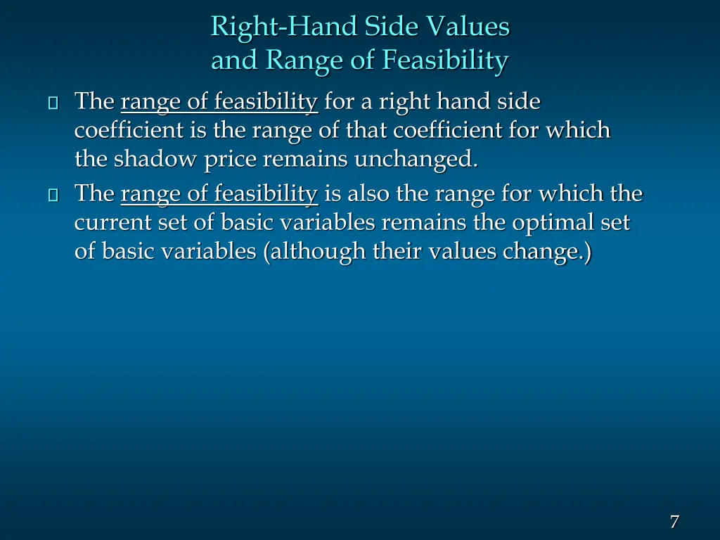 right hand side values and range of feasibility