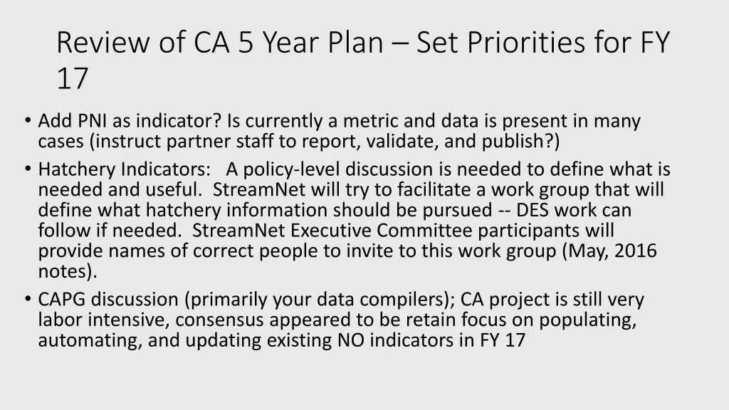 review of ca 5 year plan set priorities for fy 17