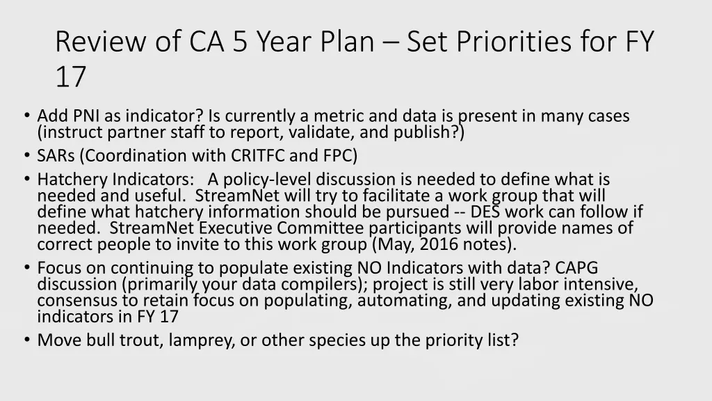 review of ca 5 year plan set priorities