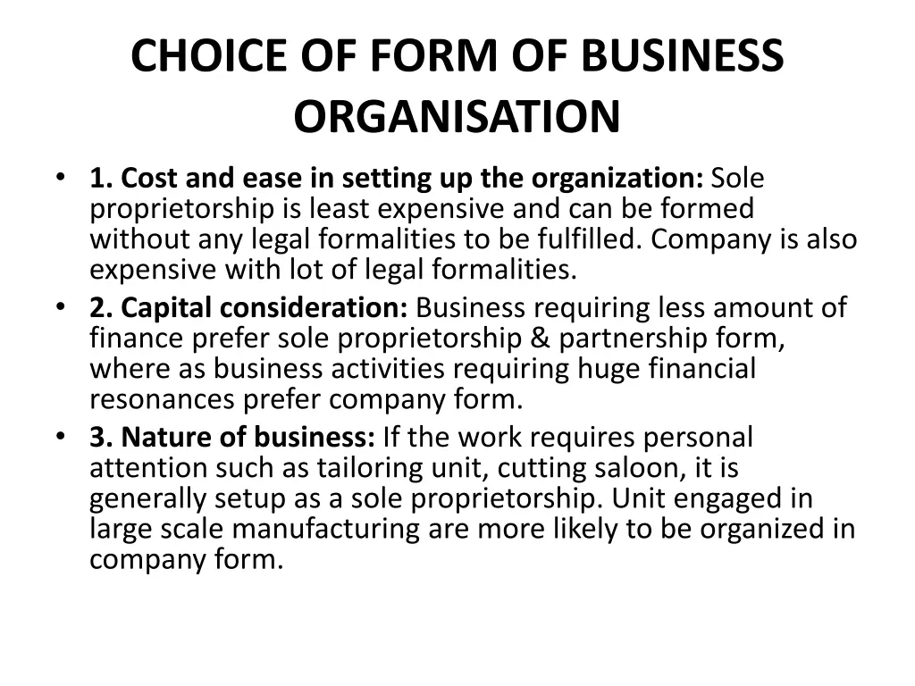 choice of form of business organisation 1 cost