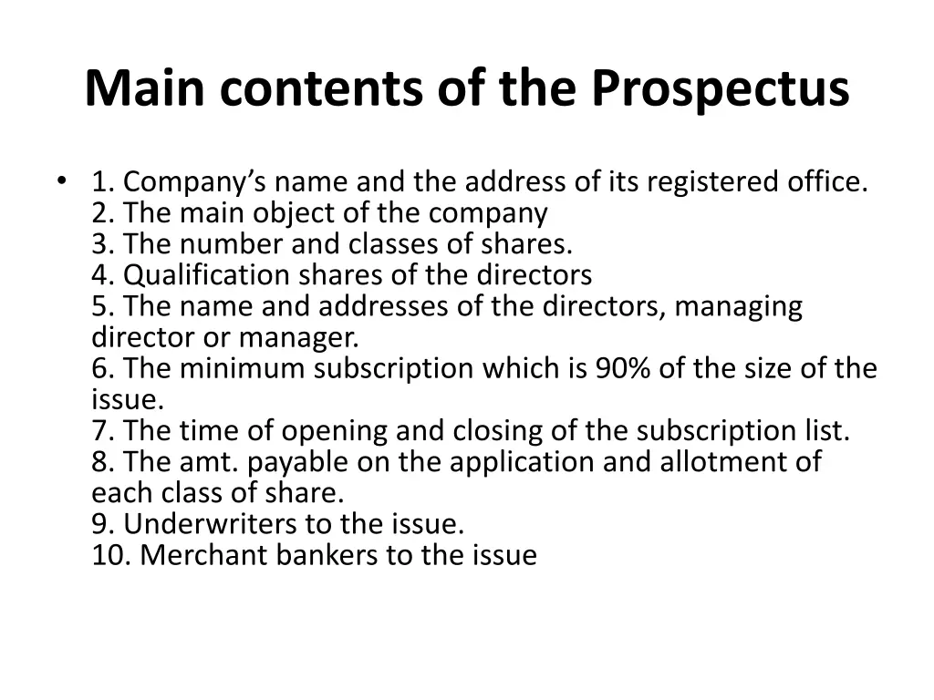 main contents of the prospectus