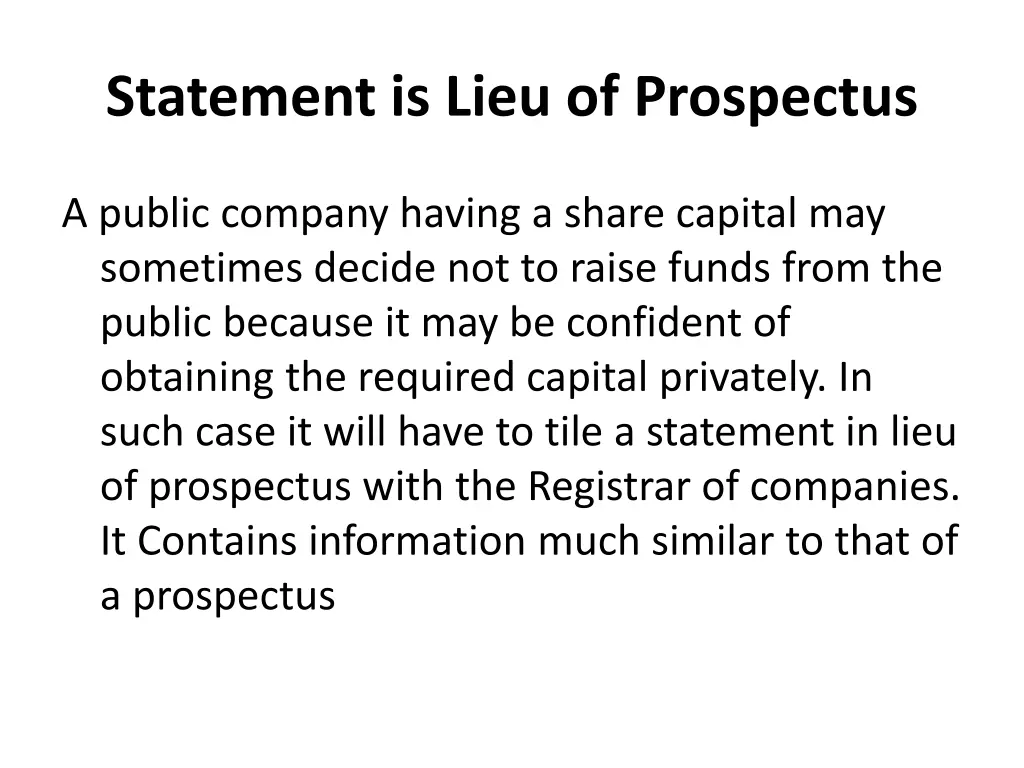 statement is lieu of prospectus