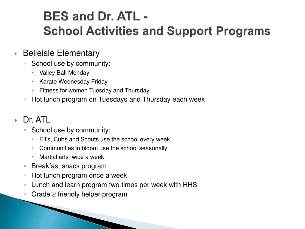 belleisle elementary school use by community