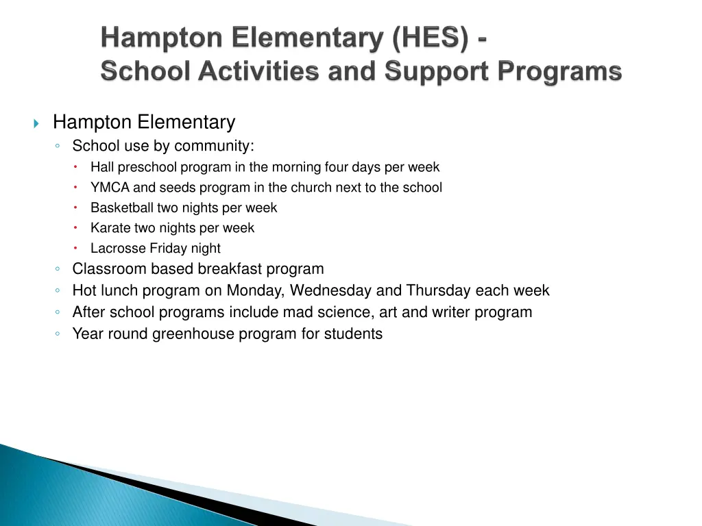 hampton elementary school use by community hall