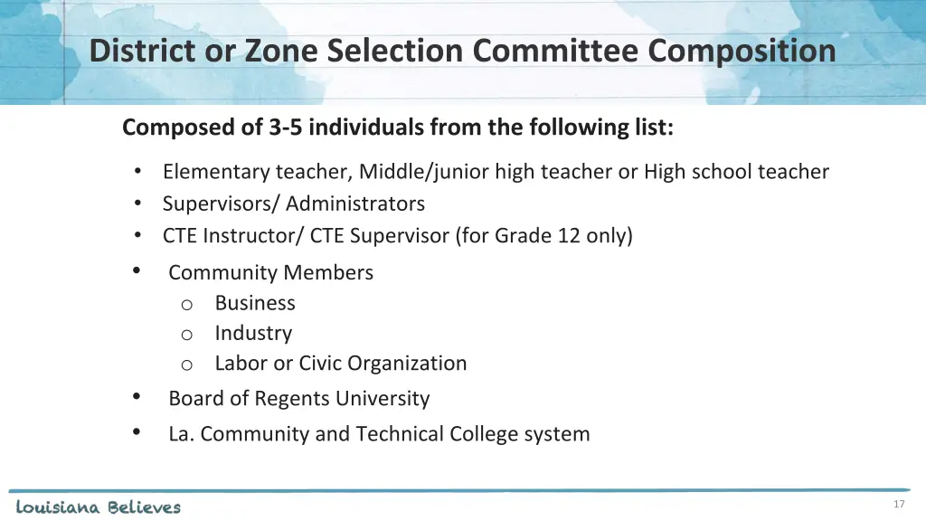 district or zone selection committee composition