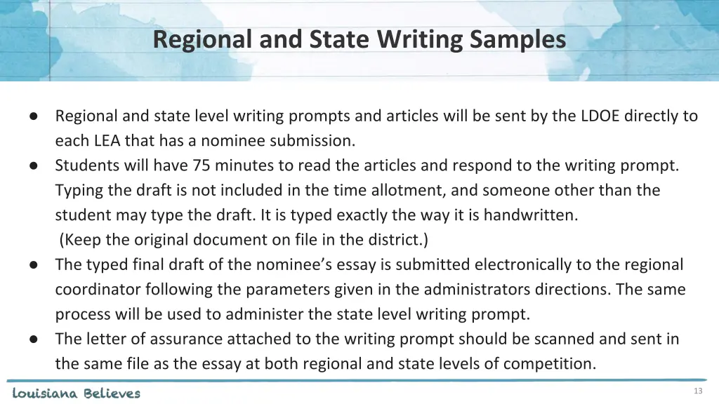 regional and state writing samples