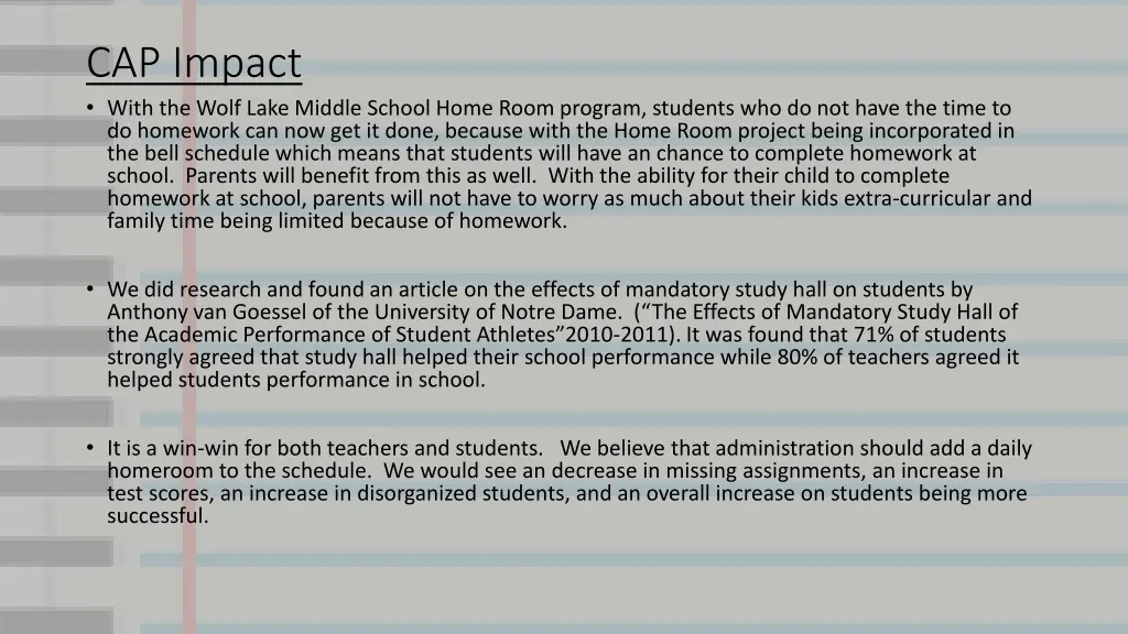 cap impact with the wolf lake middle school home