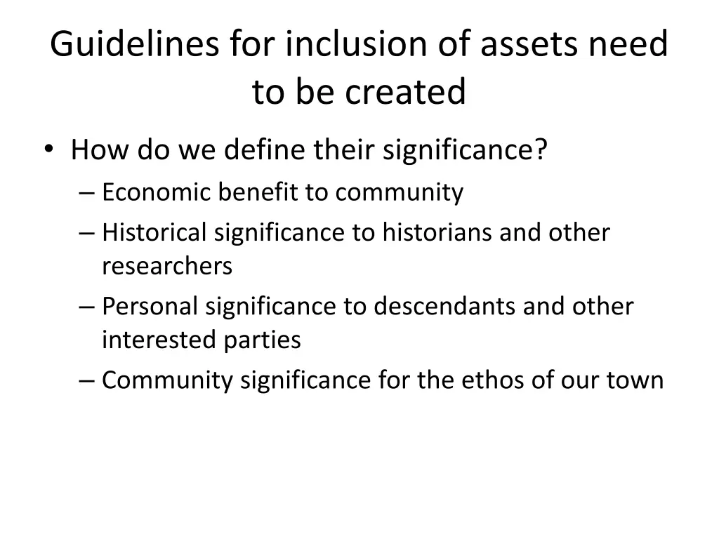 guidelines for inclusion of assets need