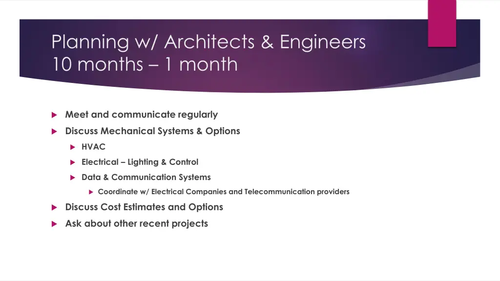 planning w architects engineers 10 months 1 month