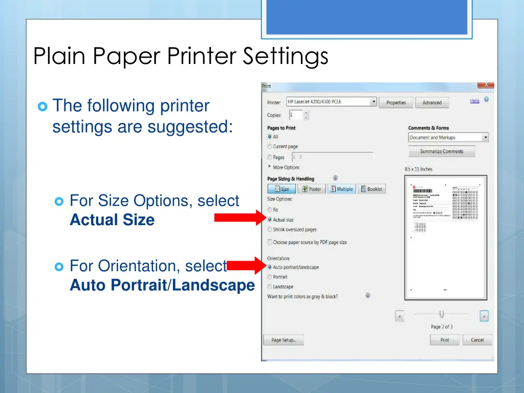 plain paper printer settings