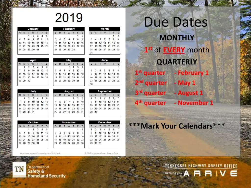 due dates monthly 1 st of every month quarterly