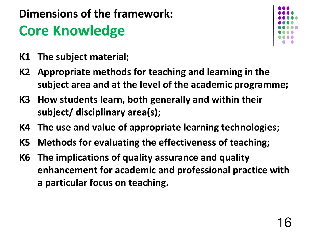 dimensions of the framework core knowledge