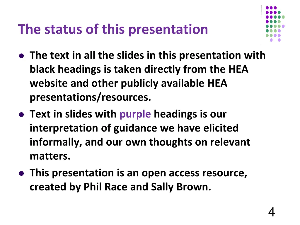 the status of this presentation