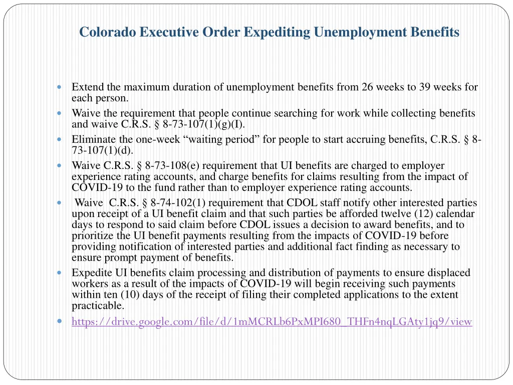 colorado executive order expediting unemployment