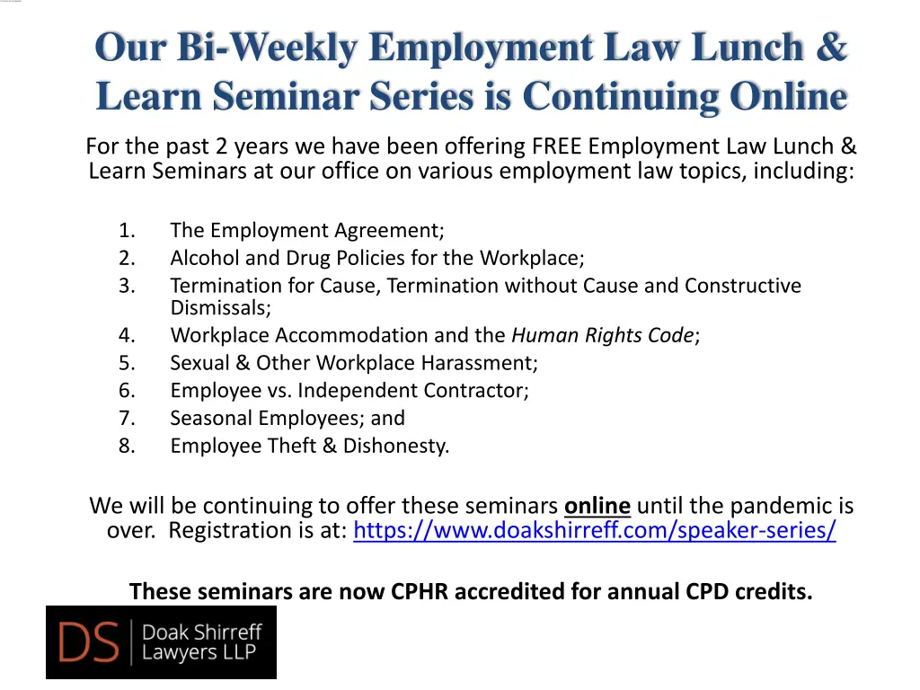 our bi weekly employment law lunch learn seminar