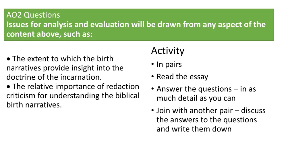 ao2 questions issues for analysis and evaluation