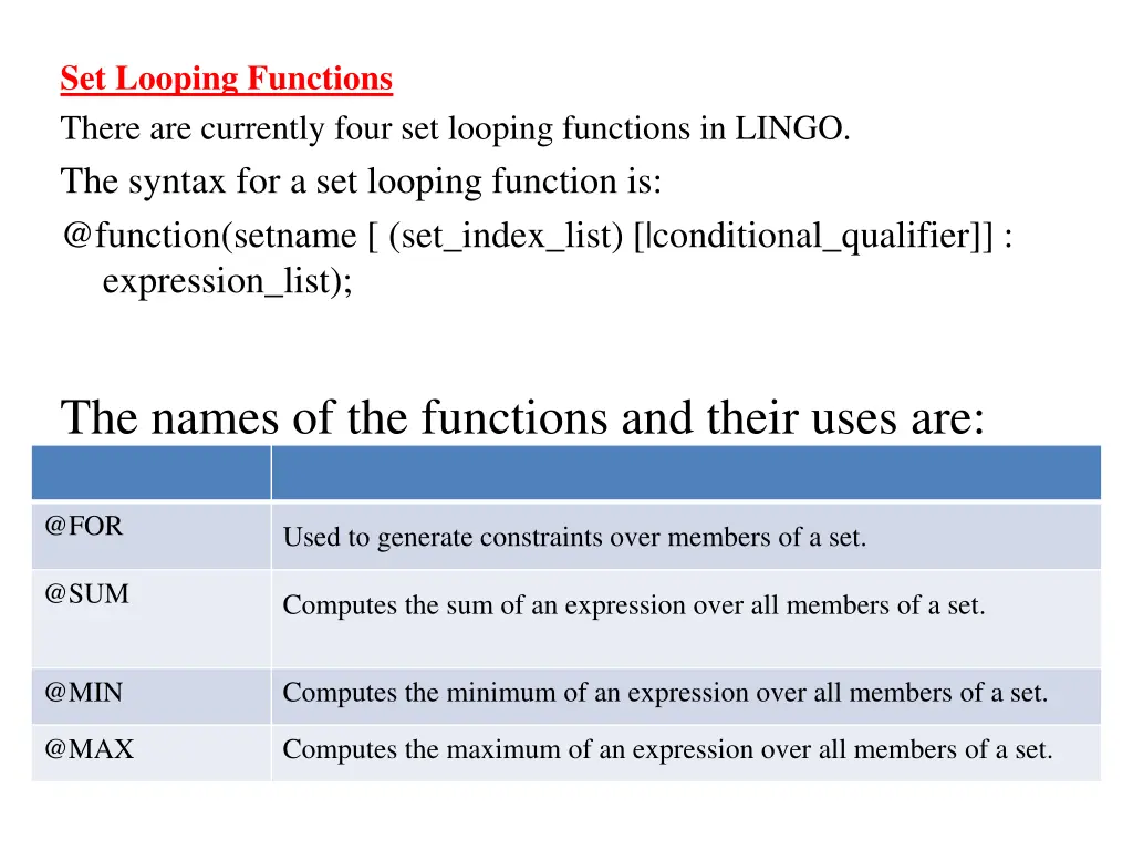 set looping functions there are currently four