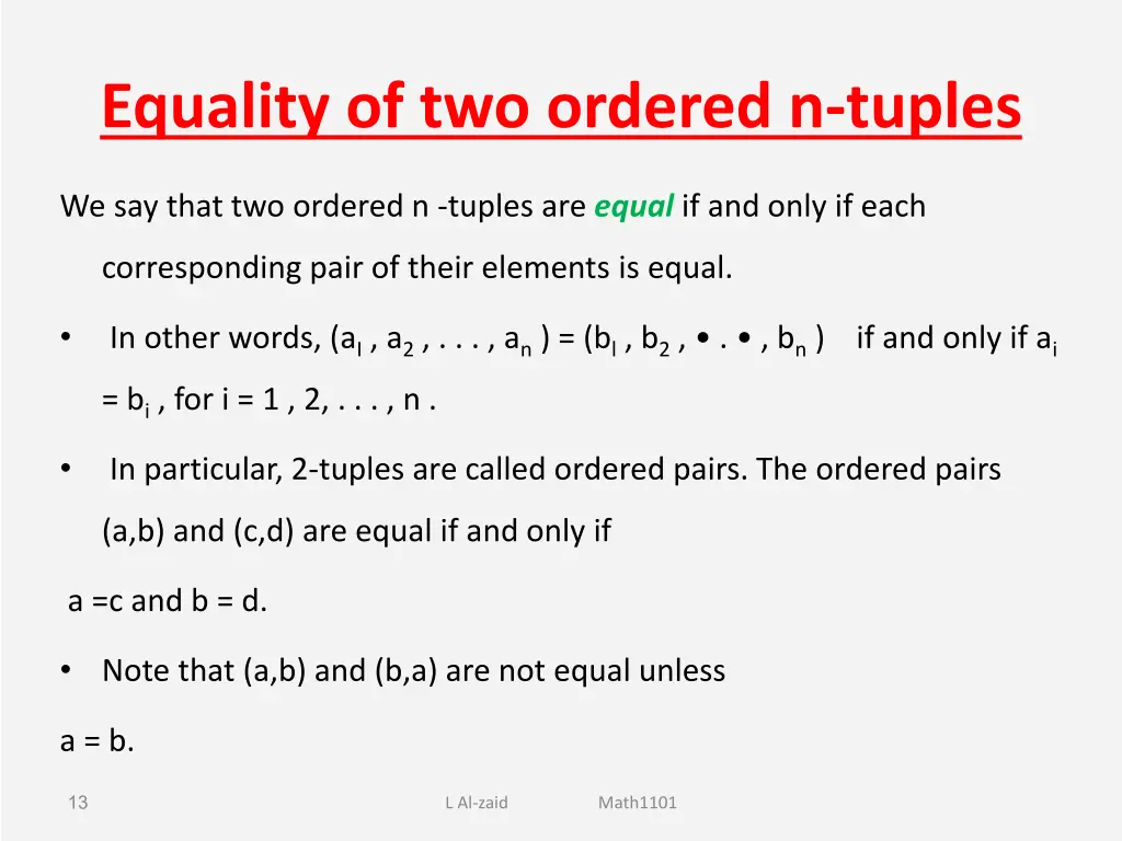 equality of two ordered n tuples