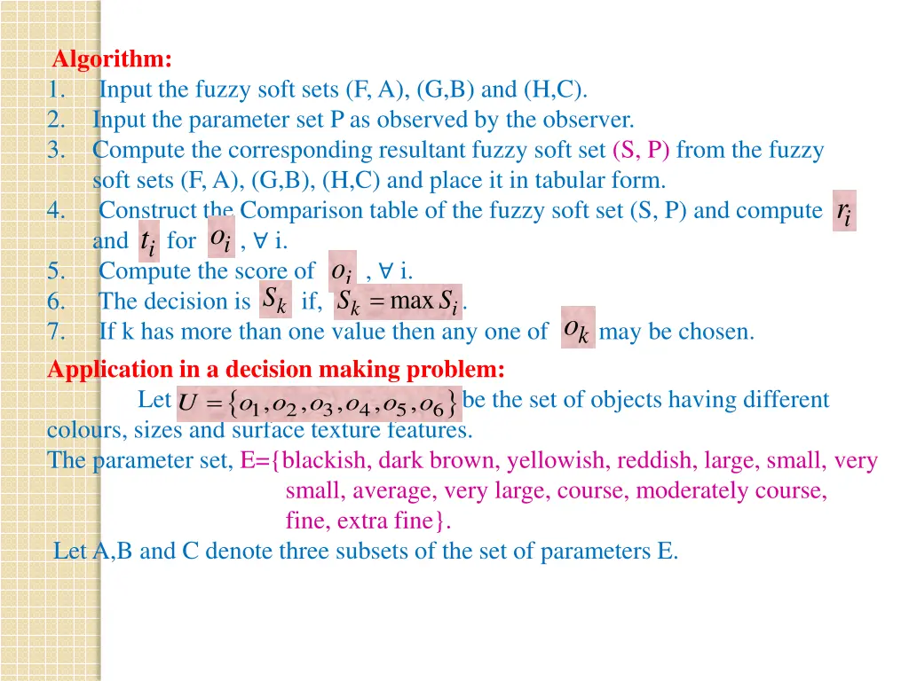 algorithm 1 input the fuzzy soft sets