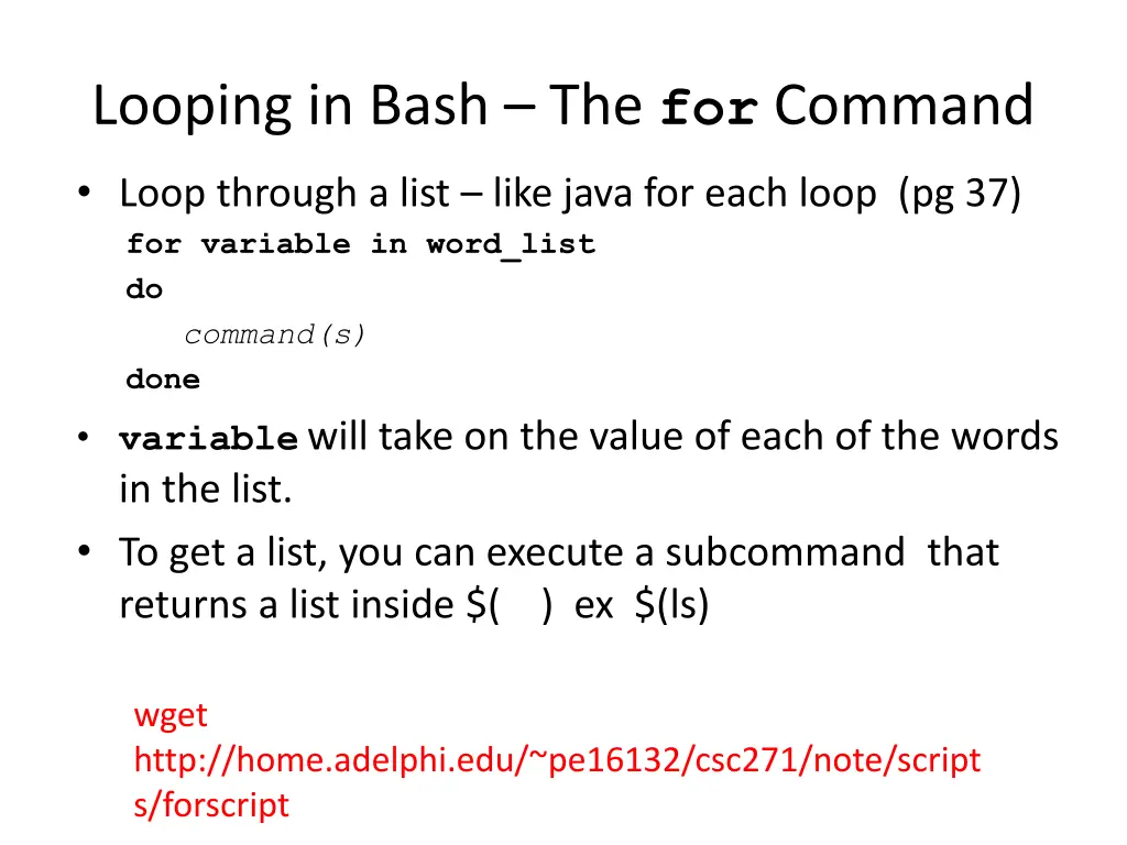 looping in bash the for command