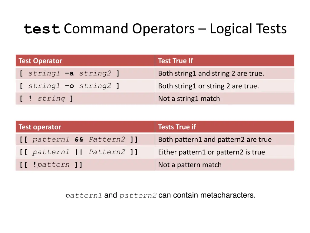 test command operators logical tests