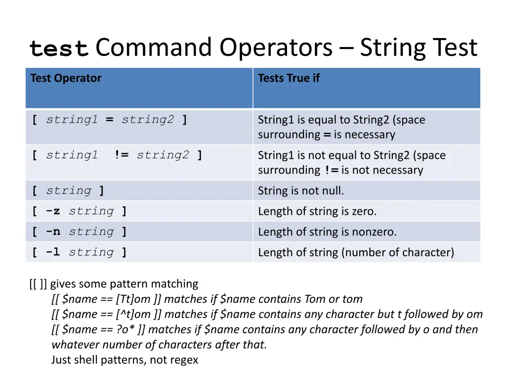 test command operators string test