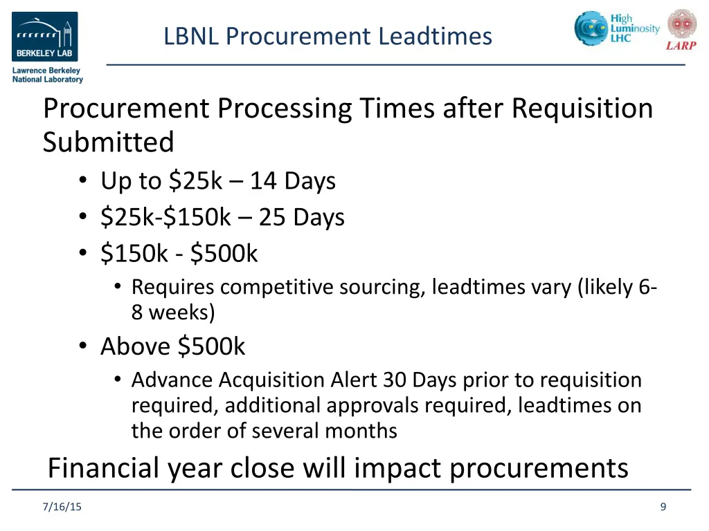 lbnl procurement leadtimes