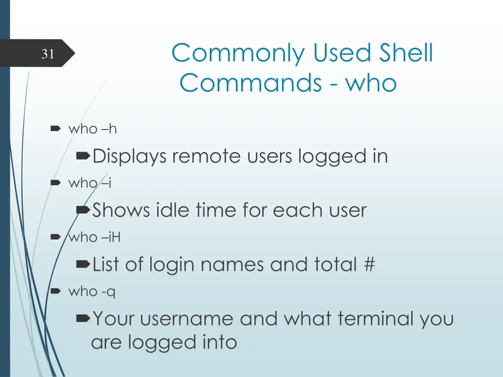 commonly used shell commands who