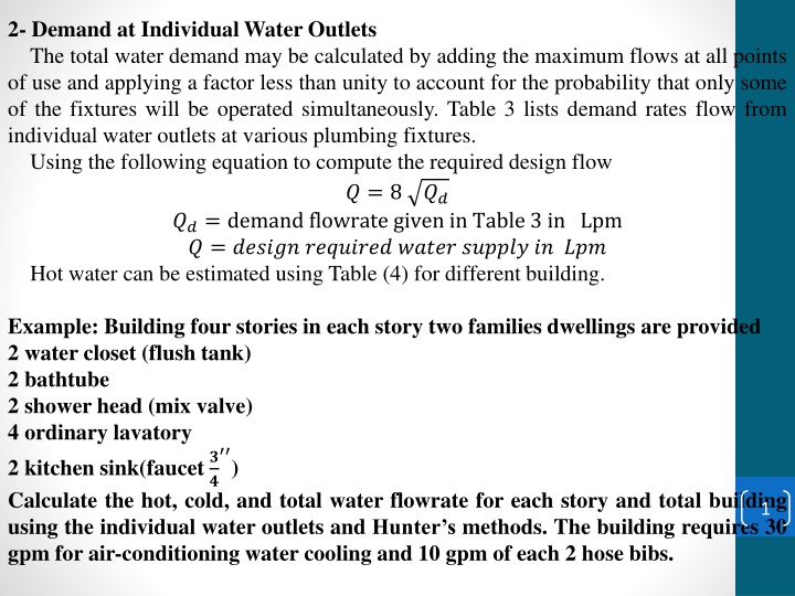 2 demand at individual water outlets the total