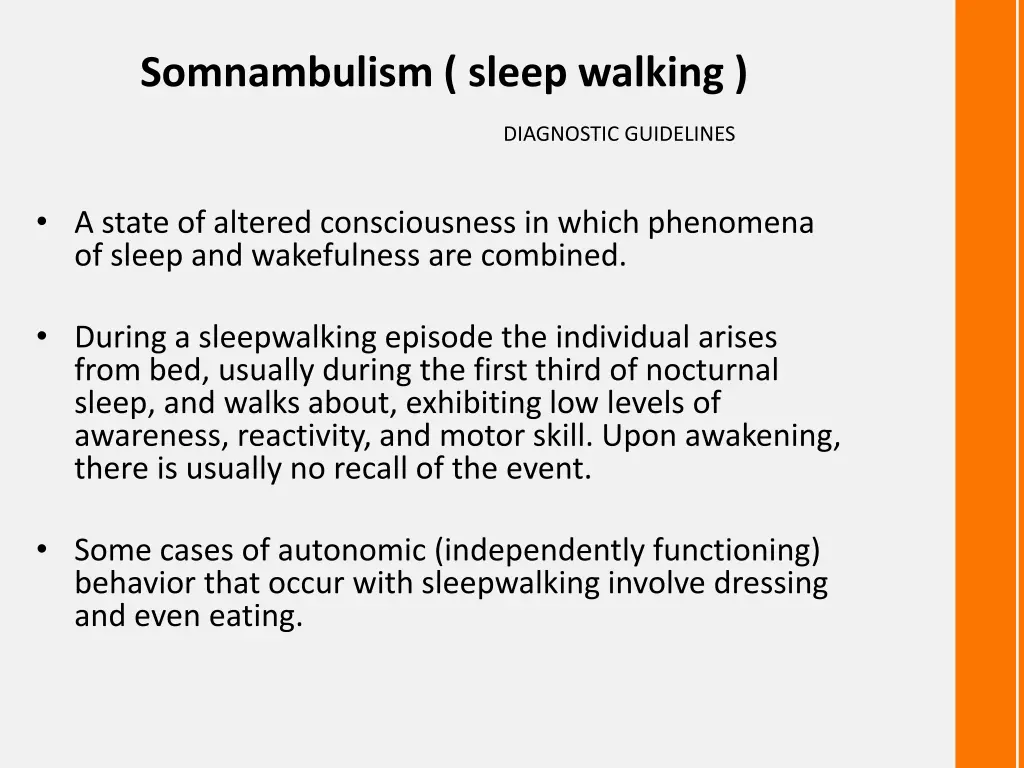 somnambulism sleep walking diagnostic guidelines