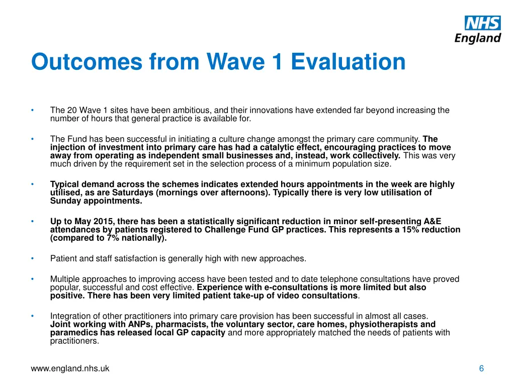 outcomes from wave 1 evaluation