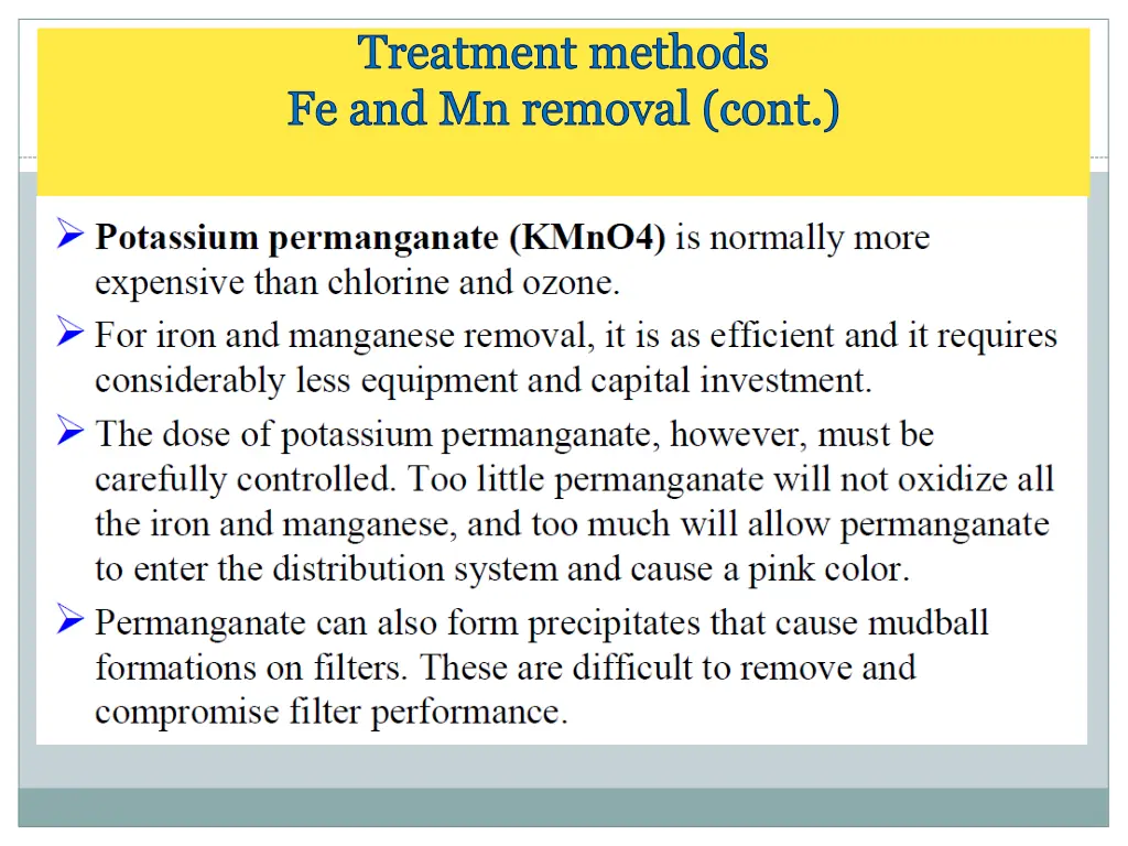 treatment methods fe and mn removal cont 2