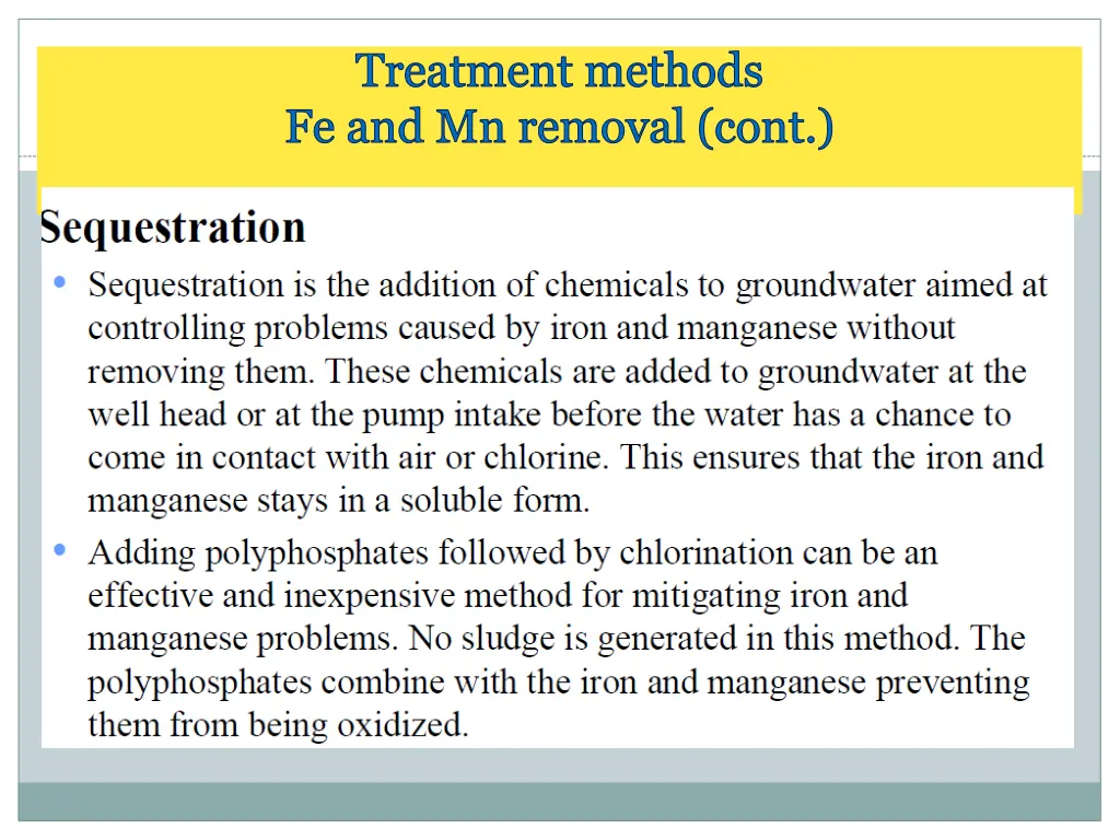 treatment methods fe and mn removal cont 3