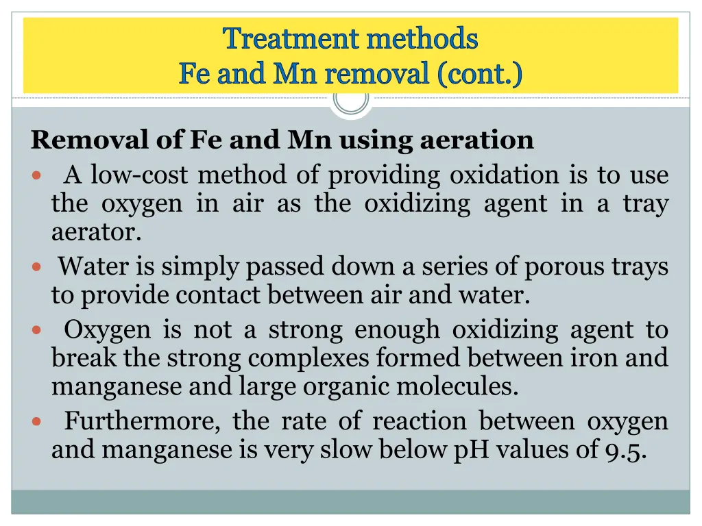 treatment methods fe and mn removal cont 5