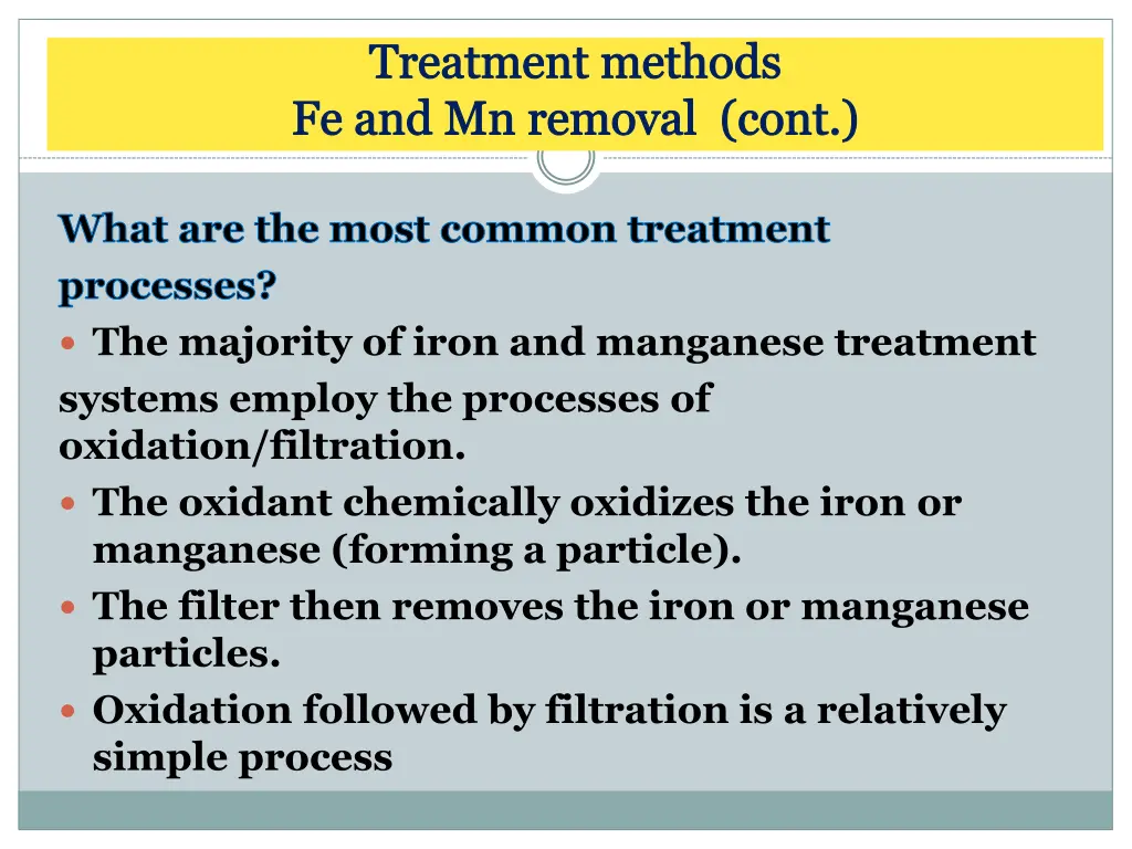 treatment methods fe and mn removal cont