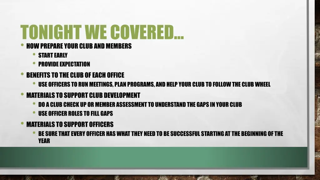 tonight we covered how prepare your club