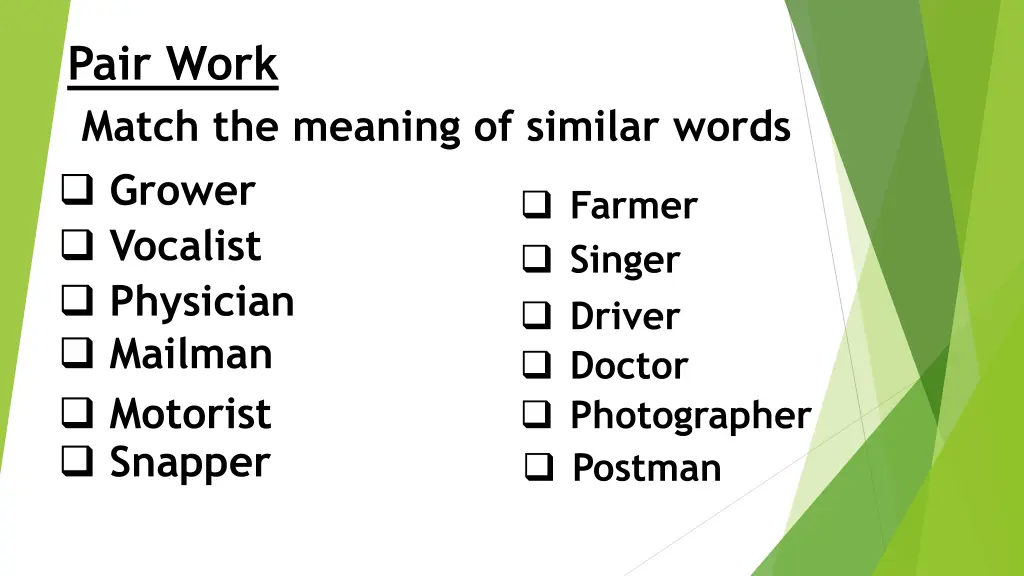 pair work match the meaning of similar words